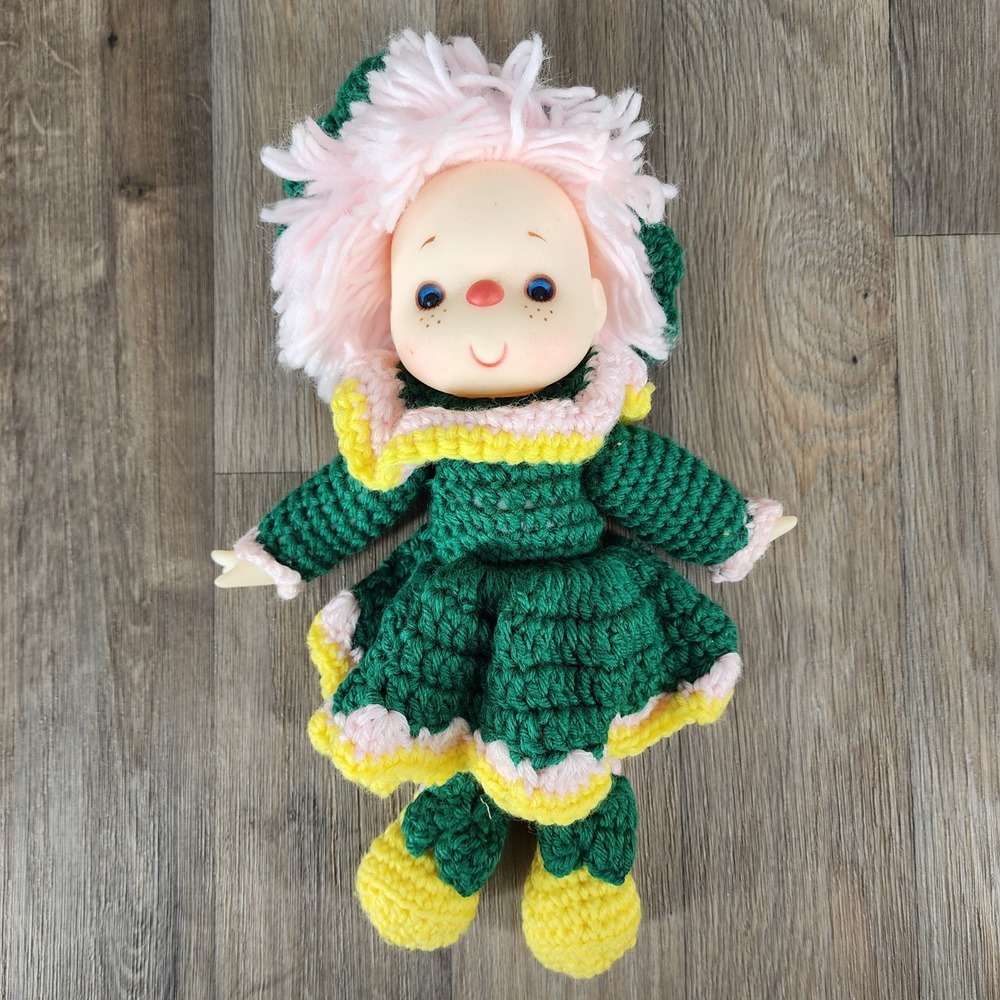 Vintage Handmade Crochet Doll Pink Yarn Hair Green Dress Vinyl Face Plush
